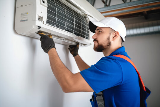 HVAC technician installing a mini split air conditioner in Ladera Ranch