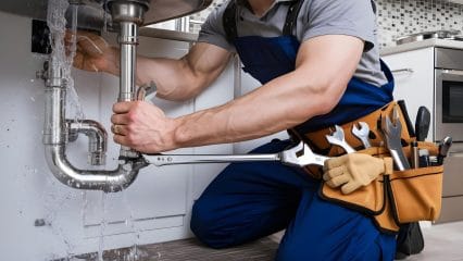 Plumber repairing pipes beneath a sink in Ladera Ranch